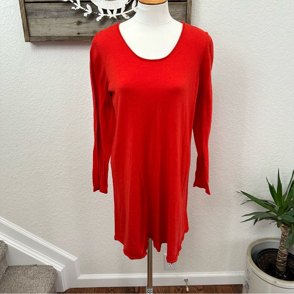 Eileen Fisher Red Orange 100% Merino Wool Long Tunic Sweater Ladies Large